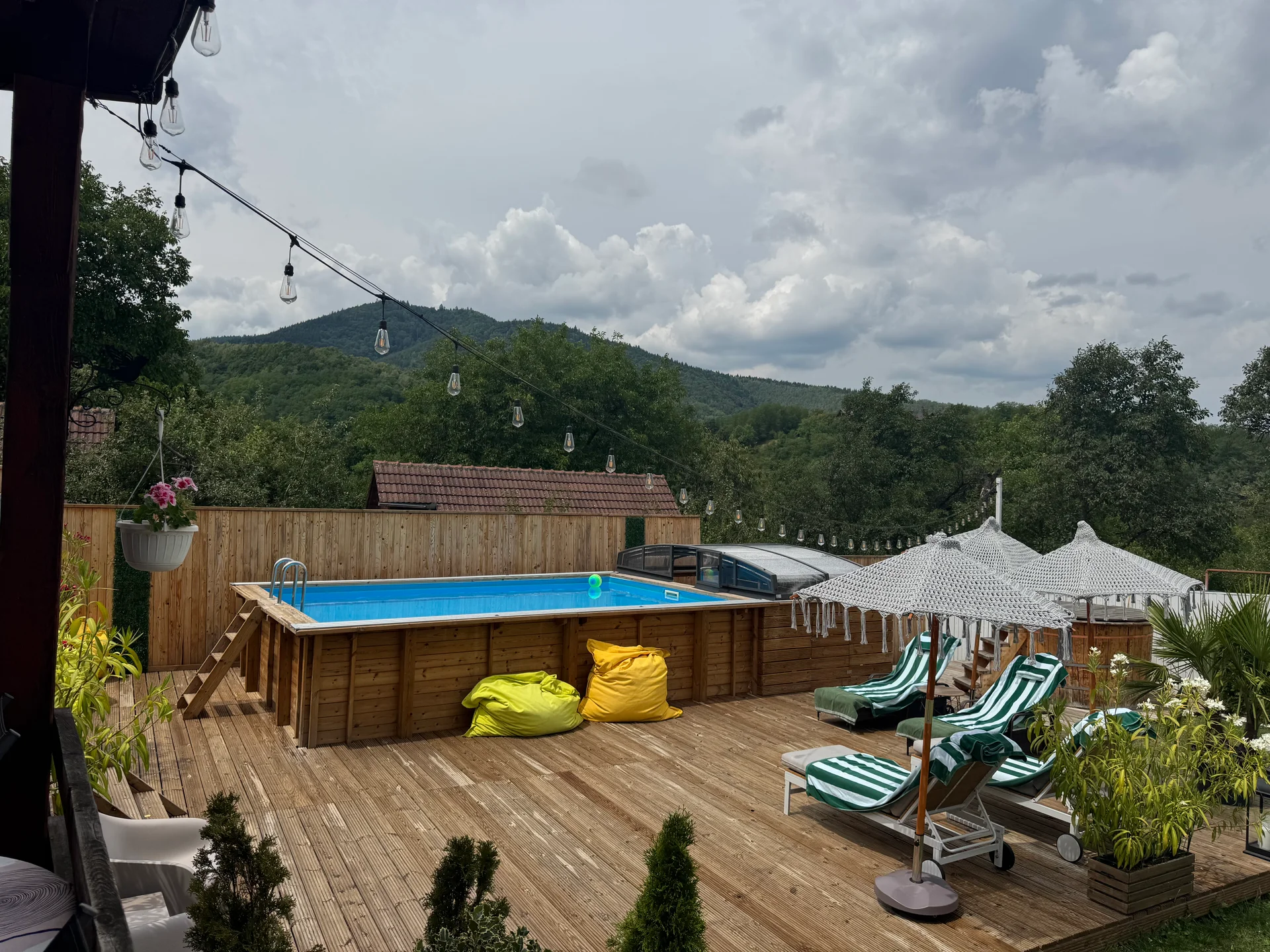 Vila Crisalia - piscină și terasă cu vedere la munte